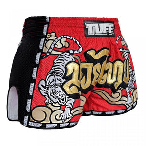 MRS301 TUFF Muay Thai Shorts Retro Style Red Double Tiger With Gold Text - FightstorePro