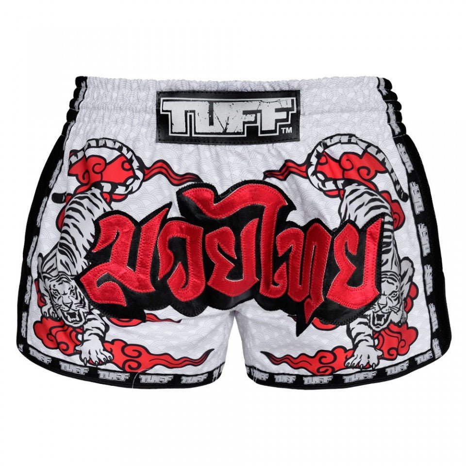 MRS301 TUFF Muay Thai Shorts Retro Style White Double Tiger With Red Text - FightstorePro