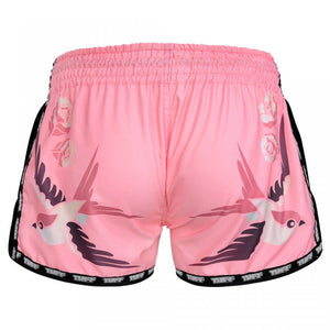 MRS302 TUFF Muay Thai Shorts Retro Style Pink Birds With Roses - FightstorePro