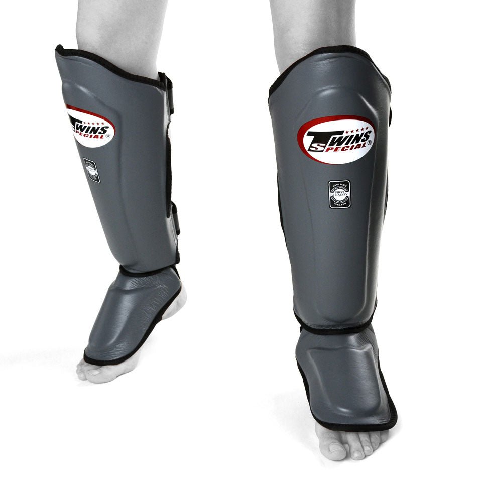 SGL10 Twins Grey Double Padded Leather Shin Pads - FightstorePro