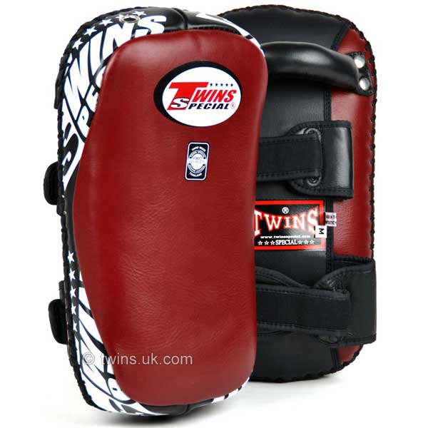 Twins Curved Thai Leather Kick Pads Burgundy - FightstorePro