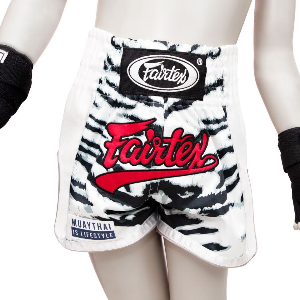 BSK2103 Fairtex Kids Muay Thai Shorts White Tiger - FightstorePro