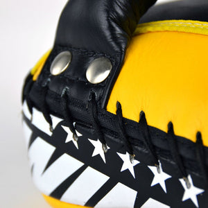 KPL10 Twins Yellow-Black Leather Thai Kick Pads - FightstorePro
