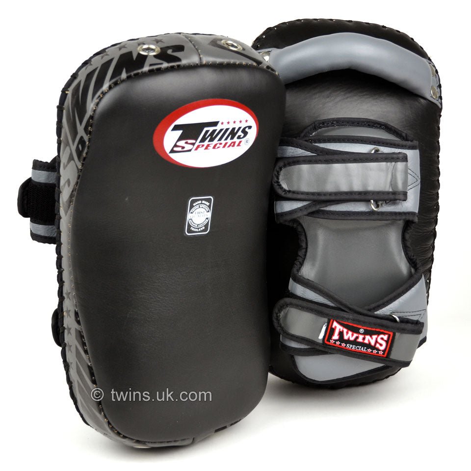 KPL12 Twins Black-Grey Deluxe Curved Leather Kick Pads - FightstorePro