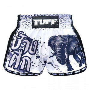 MRS203 TUFF Muay Thai Shorts Retro Style White War Elephant - FightstorePro