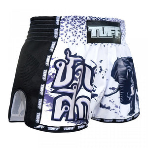 MRS203 TUFF Muay Thai Shorts Retro Style White War Elephant - FightstorePro