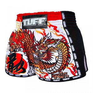 MRS204 TUFF Muay Thai Shorts Retro Style White Chinese Dragon - FightstorePro