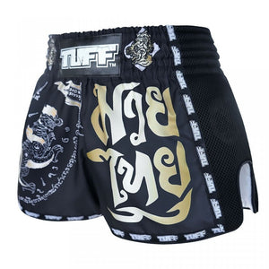 MRS206 TUFF Muay Thai Shorts Retro Style Black Singha Yantra with War Flag - FightstorePro