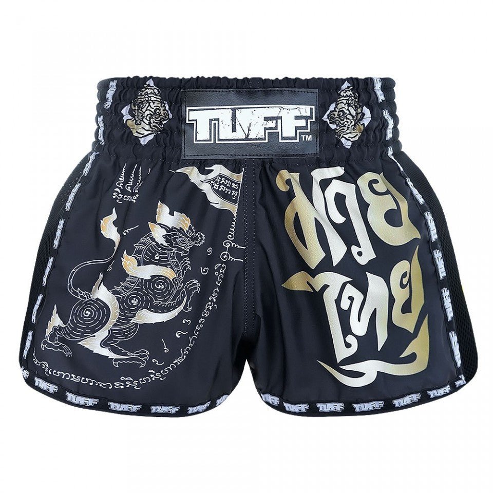 MRS206 TUFF Muay Thai Shorts Retro Style Black Singha Yantra with War Flag - FightstorePro