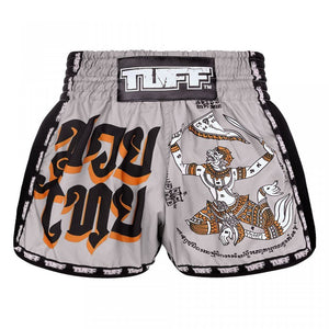 MRS206 TUFF Muay Thai Shorts Retro Style Grey Hanuman Yantra with War Flag - FightstorePro