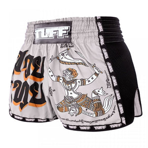 MRS206 TUFF Muay Thai Shorts Retro Style Grey Hanuman Yantra with War Flag - FightstorePro