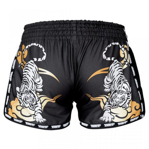 MRS301 TUFF Muay Thai Shorts Retro Style Black Double Tiger With Gold Text - FightstorePro