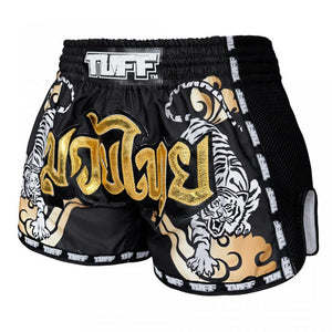 MRS301 TUFF Muay Thai Shorts Retro Style Black Double Tiger With Gold Text - FightstorePro