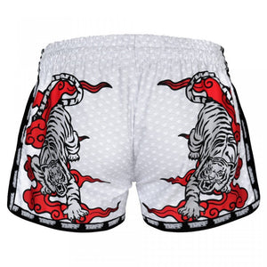 MRS301 TUFF Muay Thai Shorts Retro Style White Double Tiger With Red Text - FightstorePro