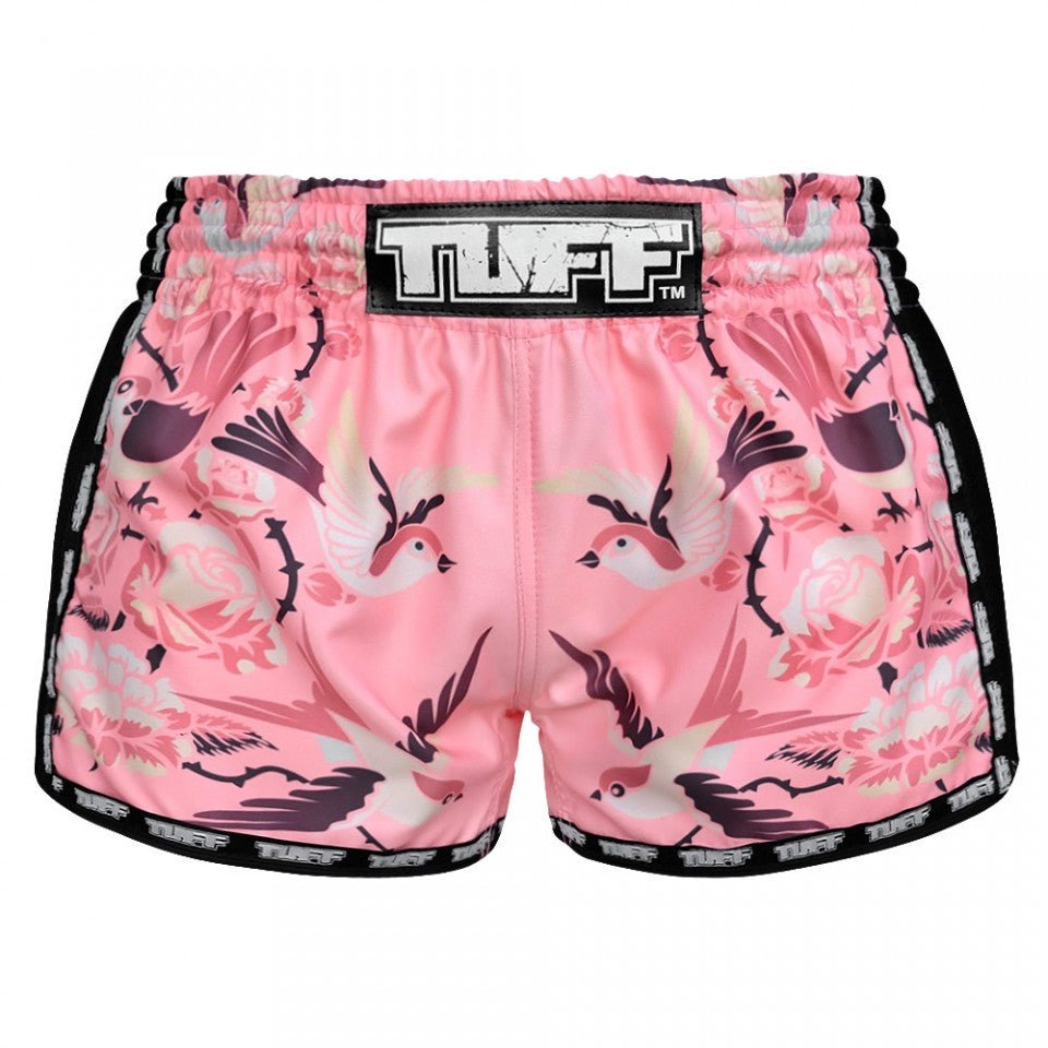 MRS302 TUFF Muay Thai Shorts Retro Style Pink Birds With Roses - FightstorePro
