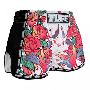MRS302 TUFF Muay Thai Shorts Retro Style White Roses With Birds - FightstorePro