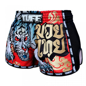 MRS303 TUFF Muay Thai Shorts Retro Style Red Cruel Tiger - FightstorePro