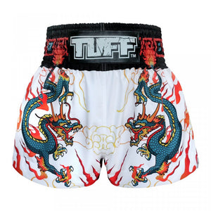 MS622 TUFF Muay Thai Shorts White With Blue Dragon - FightstorePro