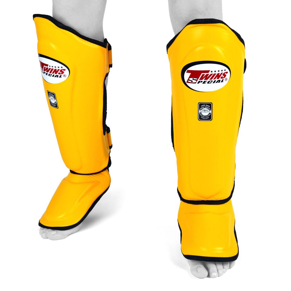 SGL10 Twins Yellow Double Padded Leather Shin Pads - FightstorePro