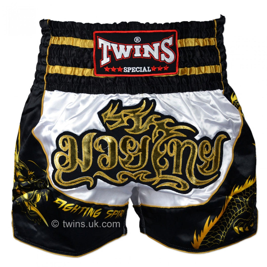 TBS-DR3 Twins White-Black Dragon Muay Thai Shorts - FightstorePro