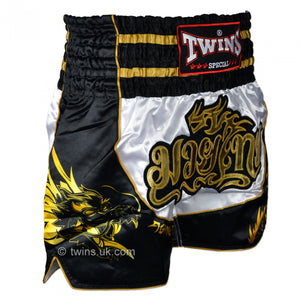 TBS-DR3 Twins White-Black Dragon Muay Thai Shorts - FightstorePro