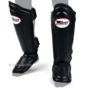 Twins Black Double Padded Leather Shin Pads - FightstorePro