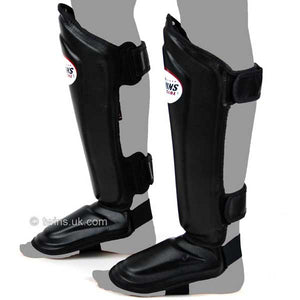 Twins Black Double Padded Leather Shin Pads - FightstorePro
