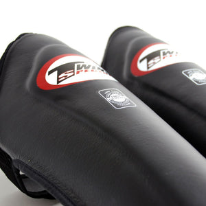 Twins Double Padded Leather Shin Pads - Black - FightstorePro