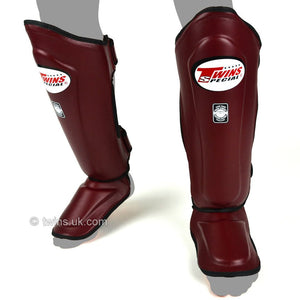 Twins Double Padded Leather Shin Pads - Maroon - FightstorePro