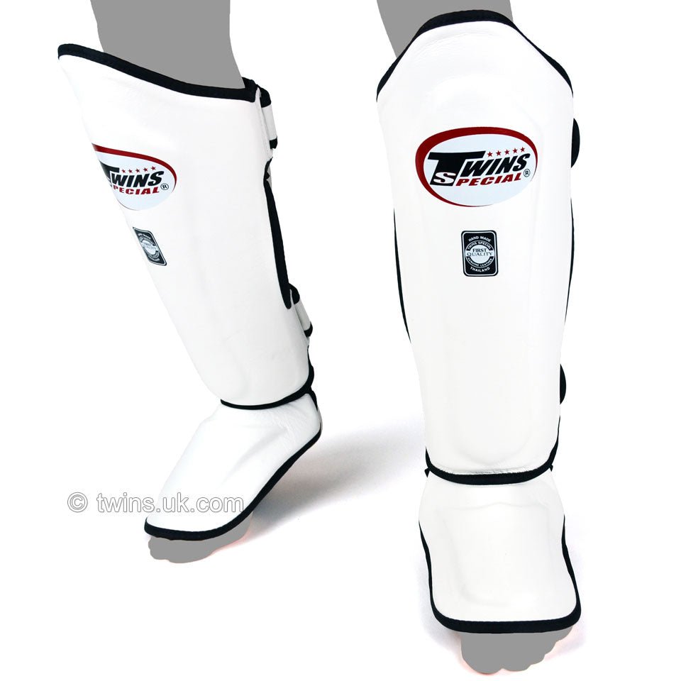 Twins Double Padded Leather Shin Pads - White - FightstorePro