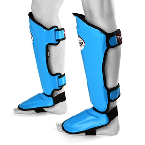 Twins Light Blue Double Padded Leather Shin Pads - FightstorePro