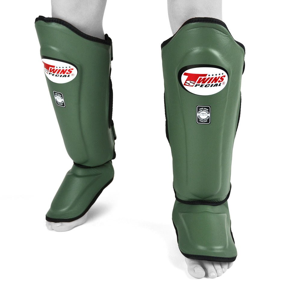 Twins Olive Green Double Padded Leather Shin Pads - FightstorePro