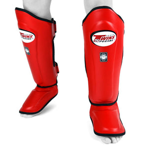 Twins Red Double Padded Leather Shin Pads - FightstorePro