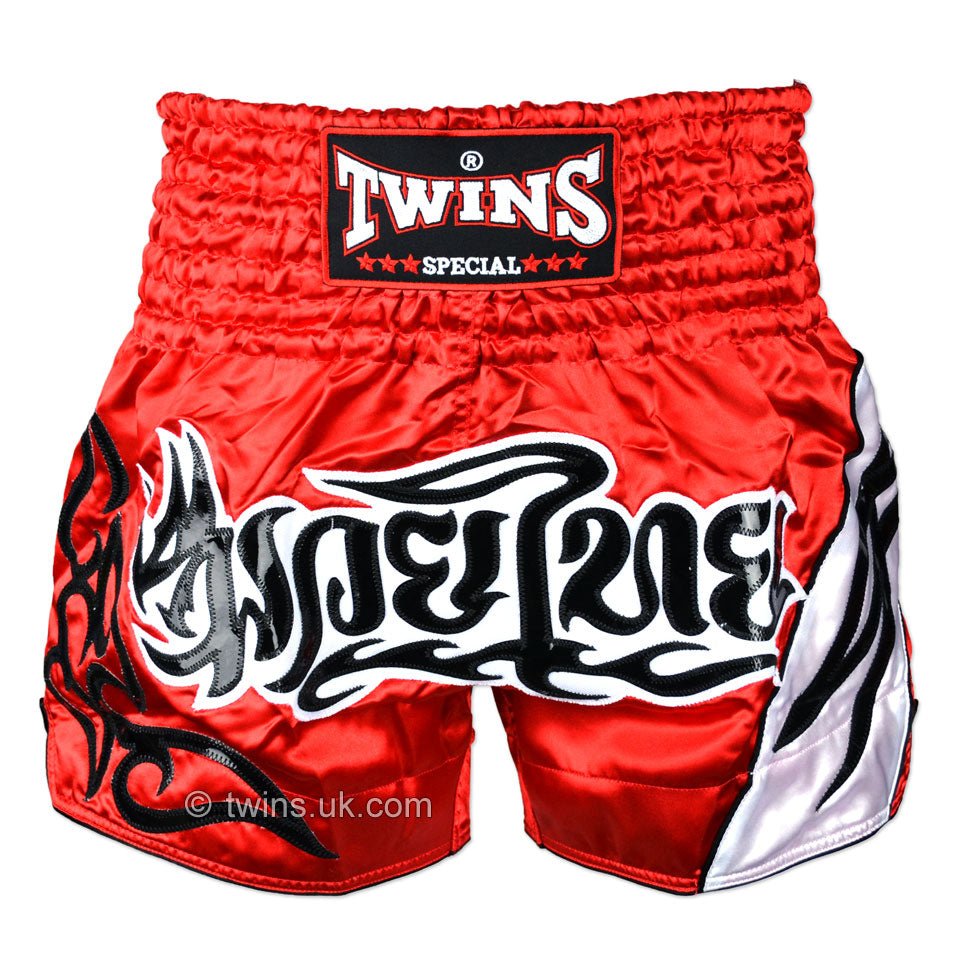 Twins TWS-155 Red-White Muay Thai Shorts - FightstorePro