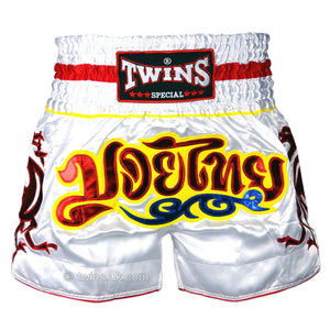 Twins TWS-158 White-Red Muay Thai Shorts - FightstorePro