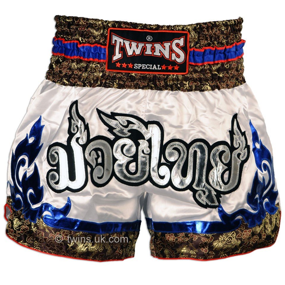 Twins TWS-871 White-Blue Muay Thai Shorts - FightstorePro