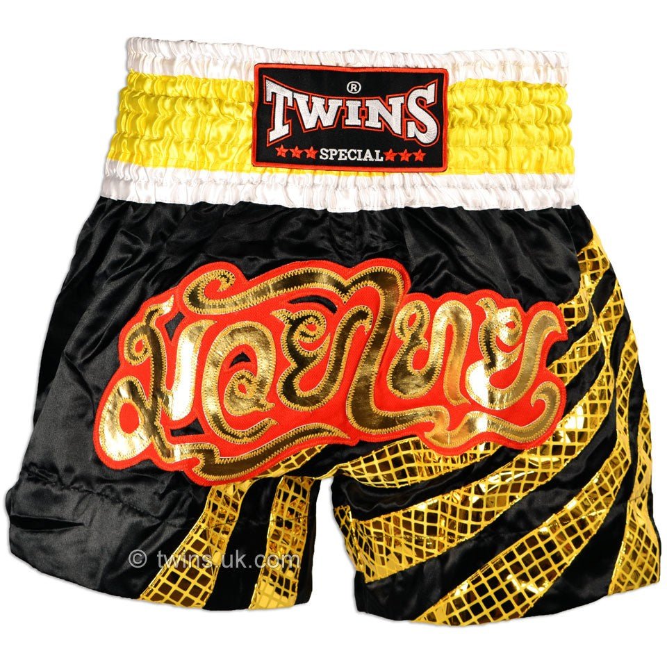 Twins TWS-883 Black-Gold Stripes Muay Thai Shorts - FightstorePro