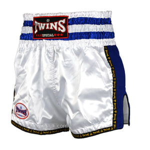 Twins TWS-925 White-Blue Plain Retro Muay Thai Shorts - FightstorePro