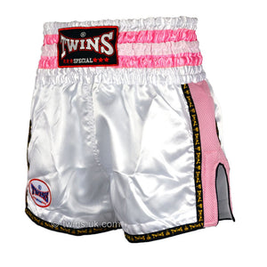 Twins TWS-926 White-Pink Plain Retro Muay Thai Shorts - FightstorePro