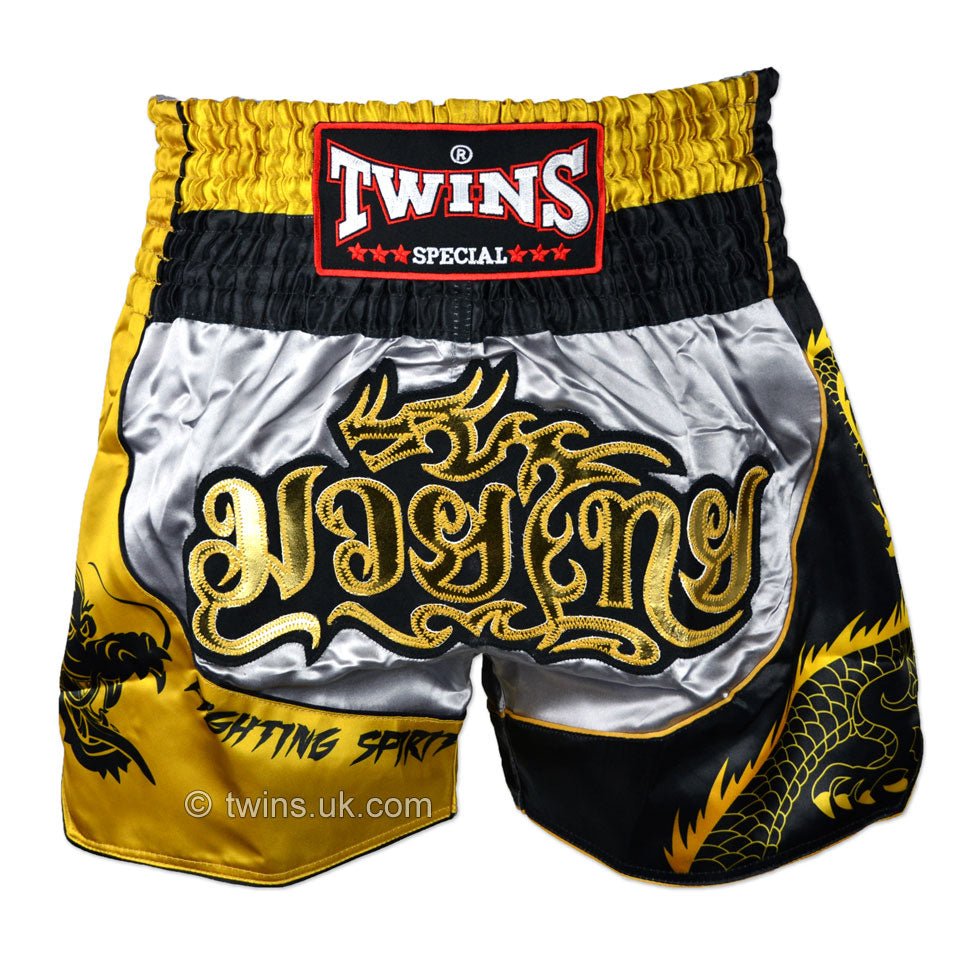 Twins TWS-Dragon-1 Silver-Gold Muay Thai Shorts - FightstorePro
